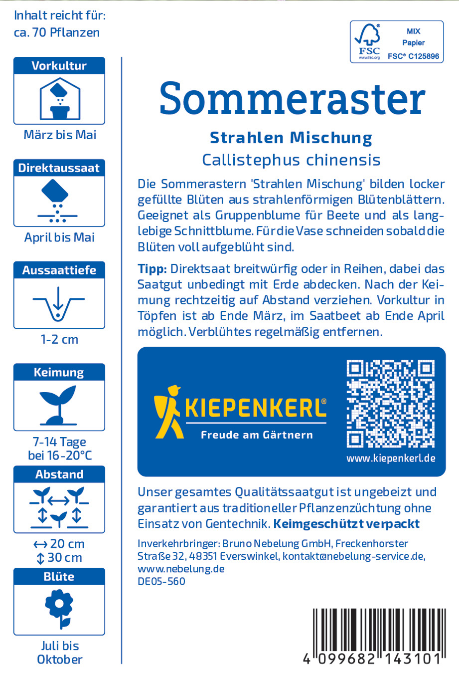 Blumen mit gelben Blüten, Text auf Verpackung, Logo und QR-Code.