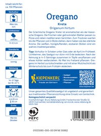 Pflanzen für den Anbau von Oregano mit Text, Symbolen für Aussaat, Lichtbedarf, Standort, Keimdauer, Abstand und Ernte.