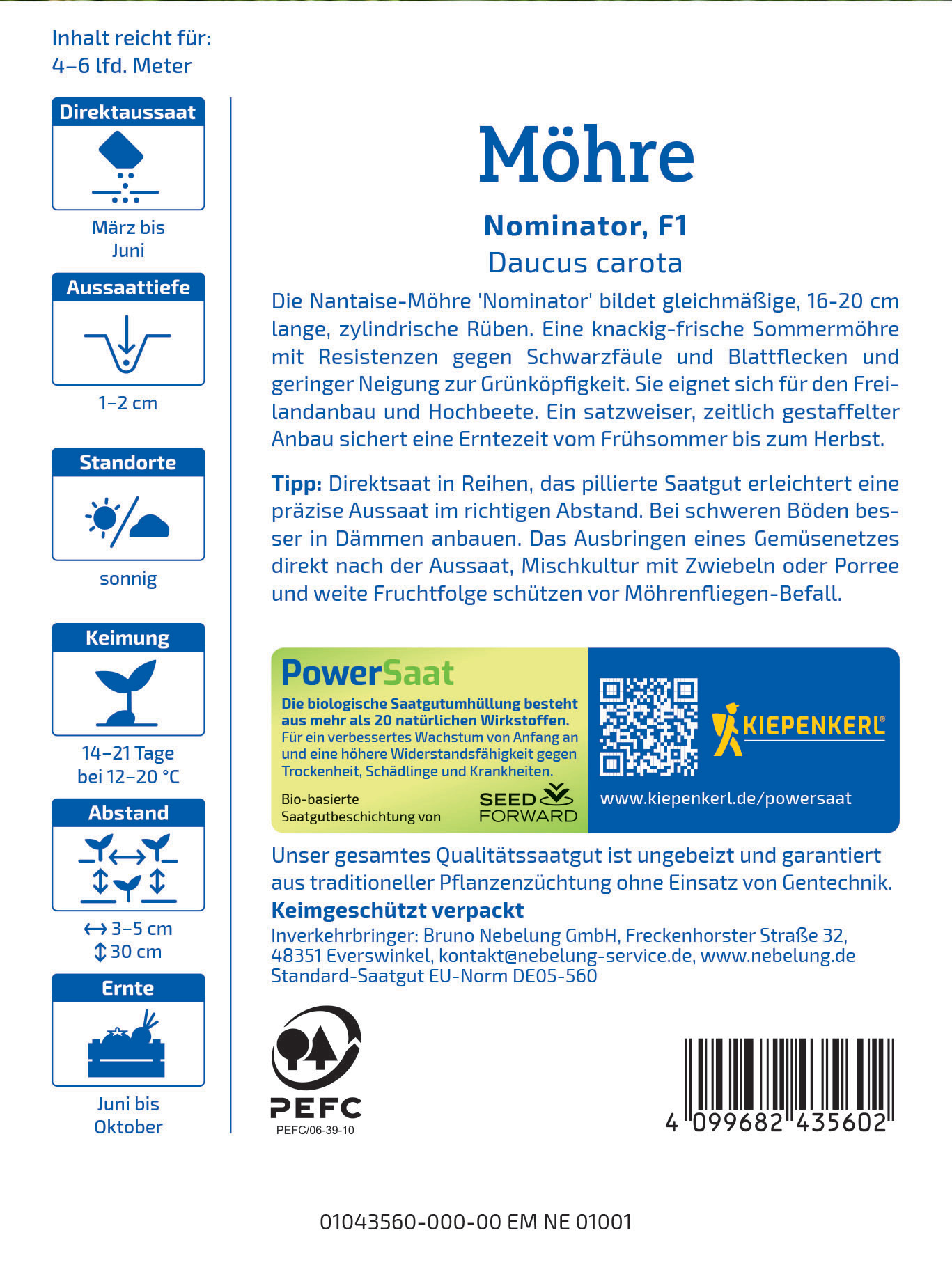 Informationsseite zu Möhren, mit Text, Symbolen und QR-Code auf weißem Hintergrund.