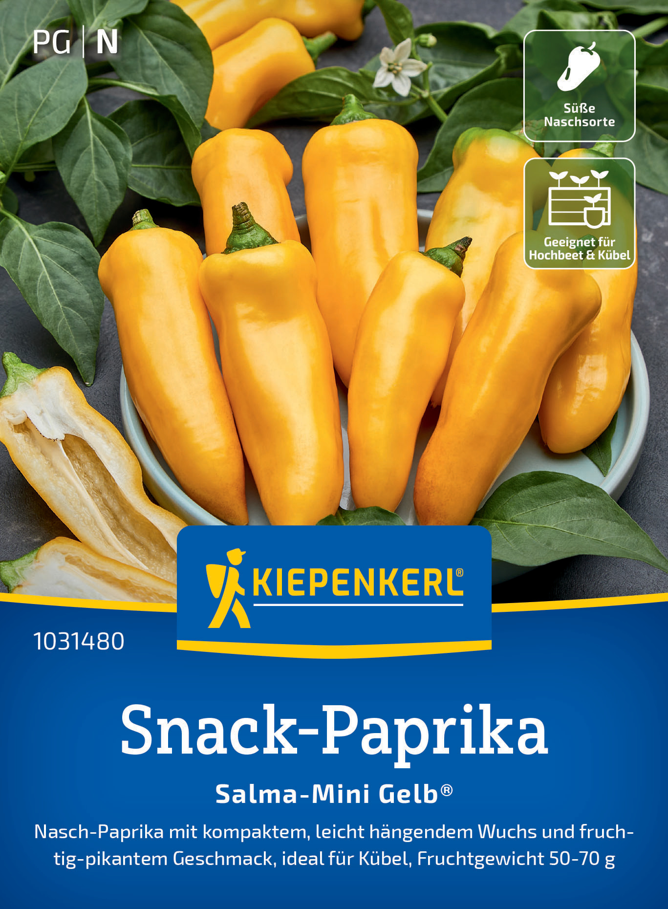 Gelbe Snack-Paprika in einer Schale mit grünen Blättern, einige halbiert, Verpackung mit Kiepenkerl Logo und Text.