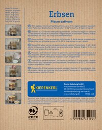 Mehrere Bilder zeigen die Zubereitung von Erbsen in einem Glasbehälter, von der Saat bis zur fertigen Mischung.