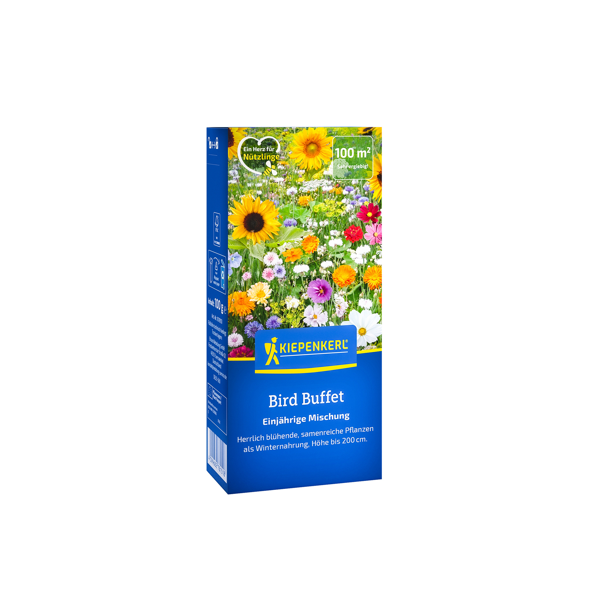 Bunte Blumenmischung in buntem Blumenkasten, Kiepenkerl Bird Buffet Packung.