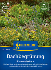 Bunte Blumenmischung mit gelben, blauen und grünen Pflanzen, für Dachbegrünung, trockenheitstolerant