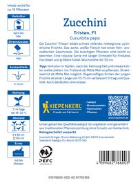 Bildbeschreibung: Verpackung mit Informationen zur Zucchini 'Tristan', F1, Cucurbita pepo, wächst im Freiland, 40-50 cm hoch.