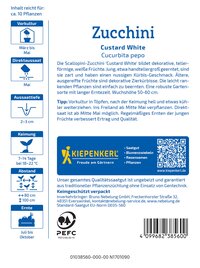 Zucchini 'Custard White' mit weißen Früchten, junge und reife, dekorative Zierkürbisse, Pflanze auf Verpackung.