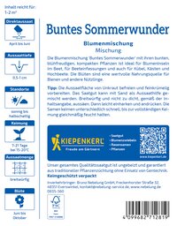 Bunte Blumenmischung mit Blüten, Samen, QR-Code und Herstellungsangaben auf weißem Hintergrund.