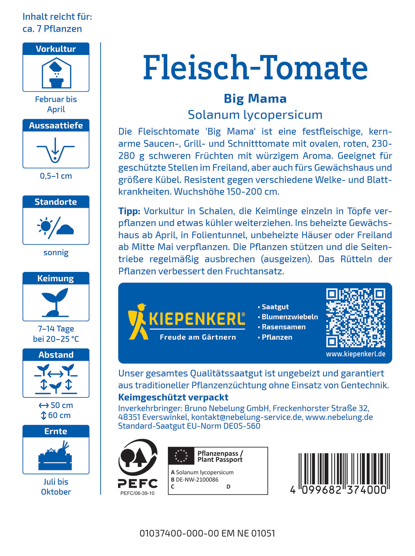 Text auf einem Pflanzensamenetikett mit Informationen zu Fleisch-Tomate, Anbau, Standort, Keimung, Abstand, Ernte und Hersteller.