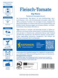 Text auf einem Pflanzensamenetikett mit Informationen zu Fleisch-Tomate, Anbau, Standort, Keimung, Abstand, Ernte und Hersteller.