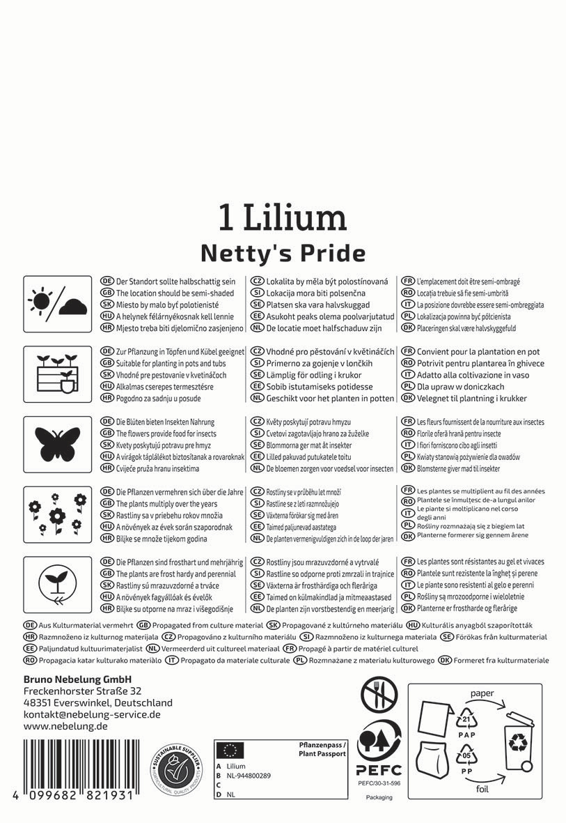 Verschiedene Pflanzanweisungen, Pflegehinweise, Namensliste in mehreren Sprachen, Barcode, Produktinformationen, Logos.