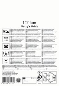 Verschiedene Pflanzanweisungen, Pflegehinweise, Namensliste in mehreren Sprachen, Barcode, Produktinformationen, Logos.