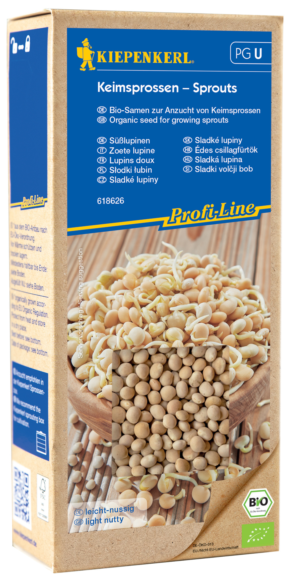 Pflanzensamen für Keimsprossen in einem Pappkarton, mit Nahaufnahme der Sprossen und Samen.