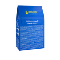 Blaue Verpackung mit gelbem Logo, Beschriftung "Blütenteppich", Beschreibung in mehreren Sprachen, Produkt für Gartenpflege.