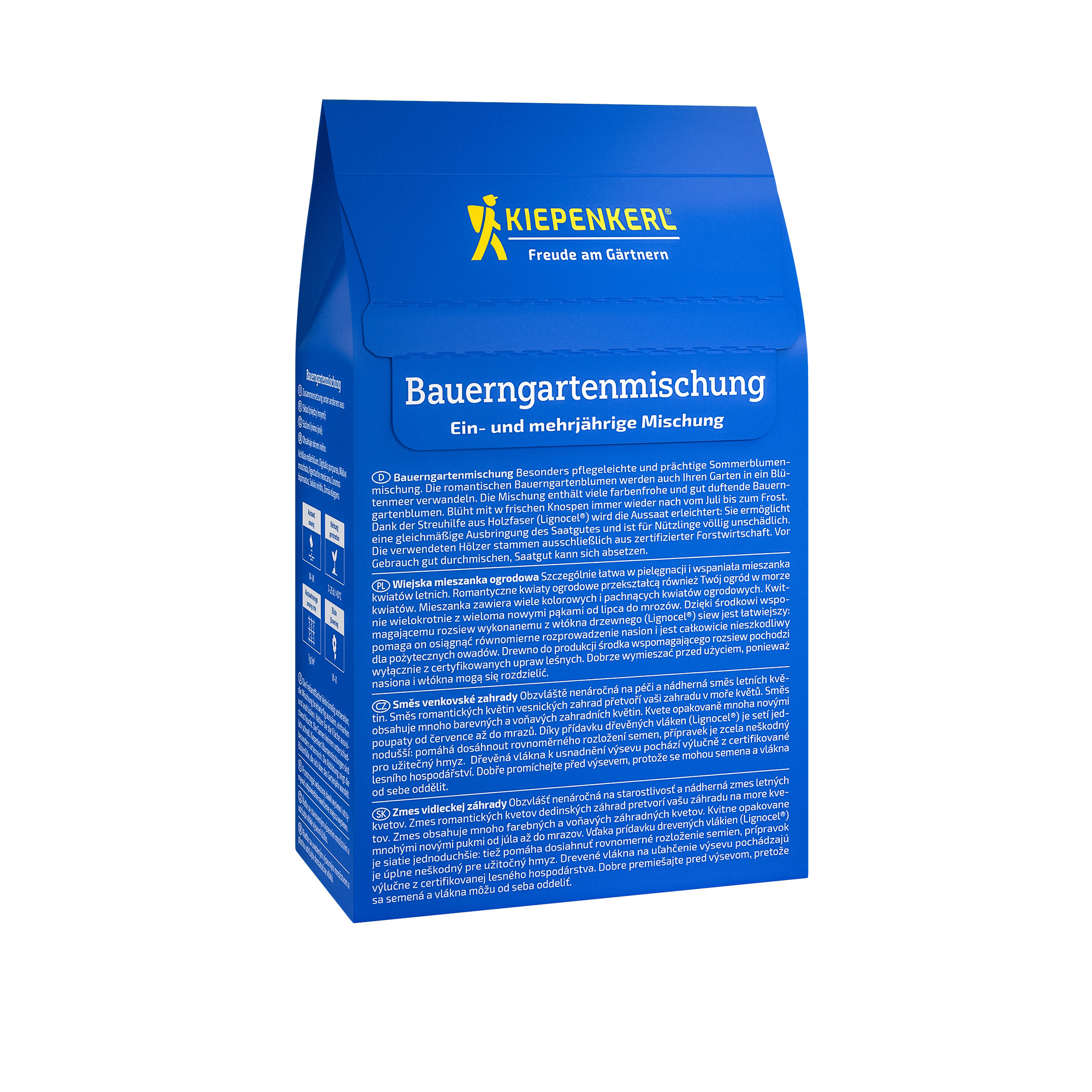 Blaue Verpackung mit gelbem Logo, Produktname und Beschreibung in mehreren Sprachen, rechteckige Form mit Klappdeckel.