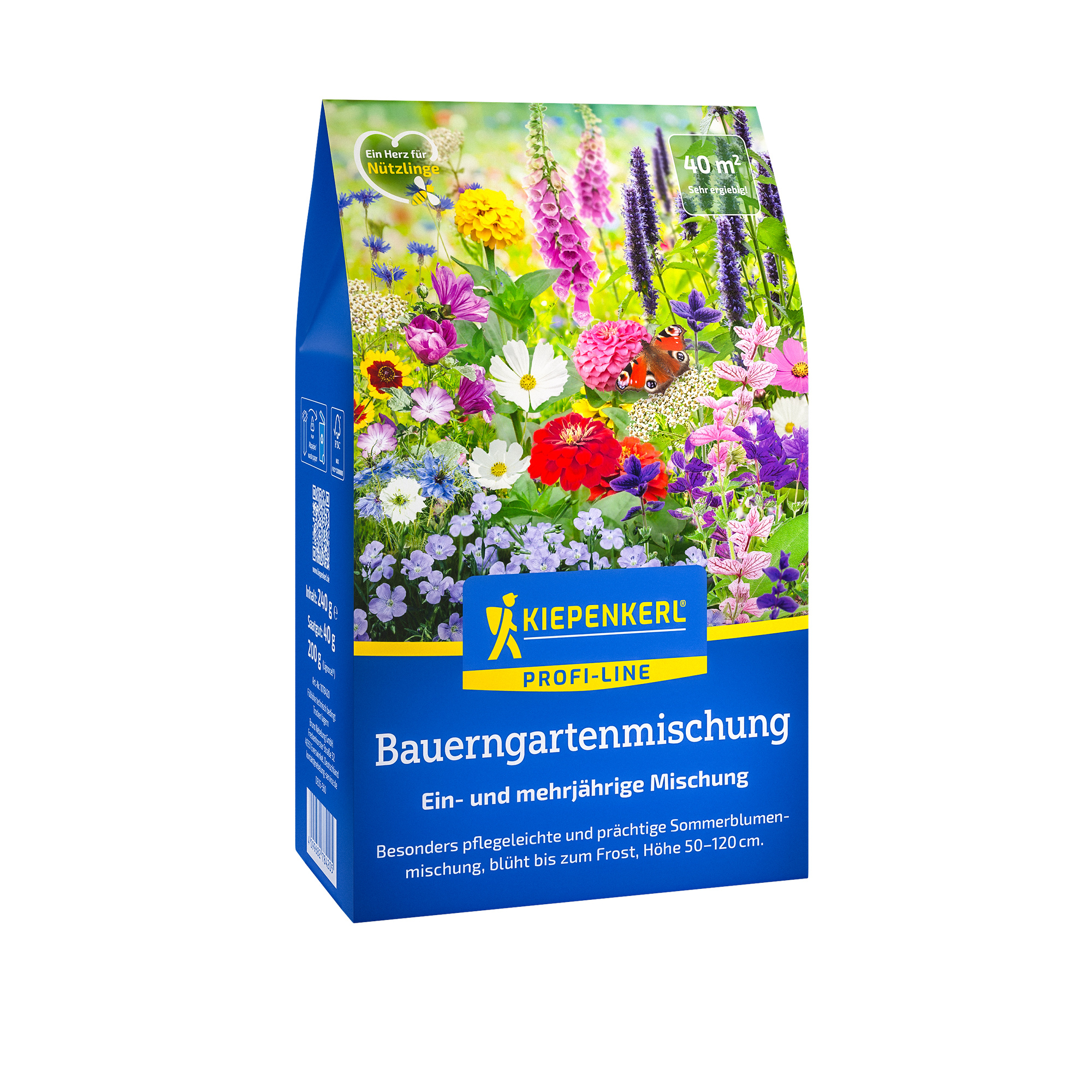 Bauerngartenmischung mit bunten Blumen und Schmetterling auf Verpackung, blüht bis Frost, 50-120 cm hoch.