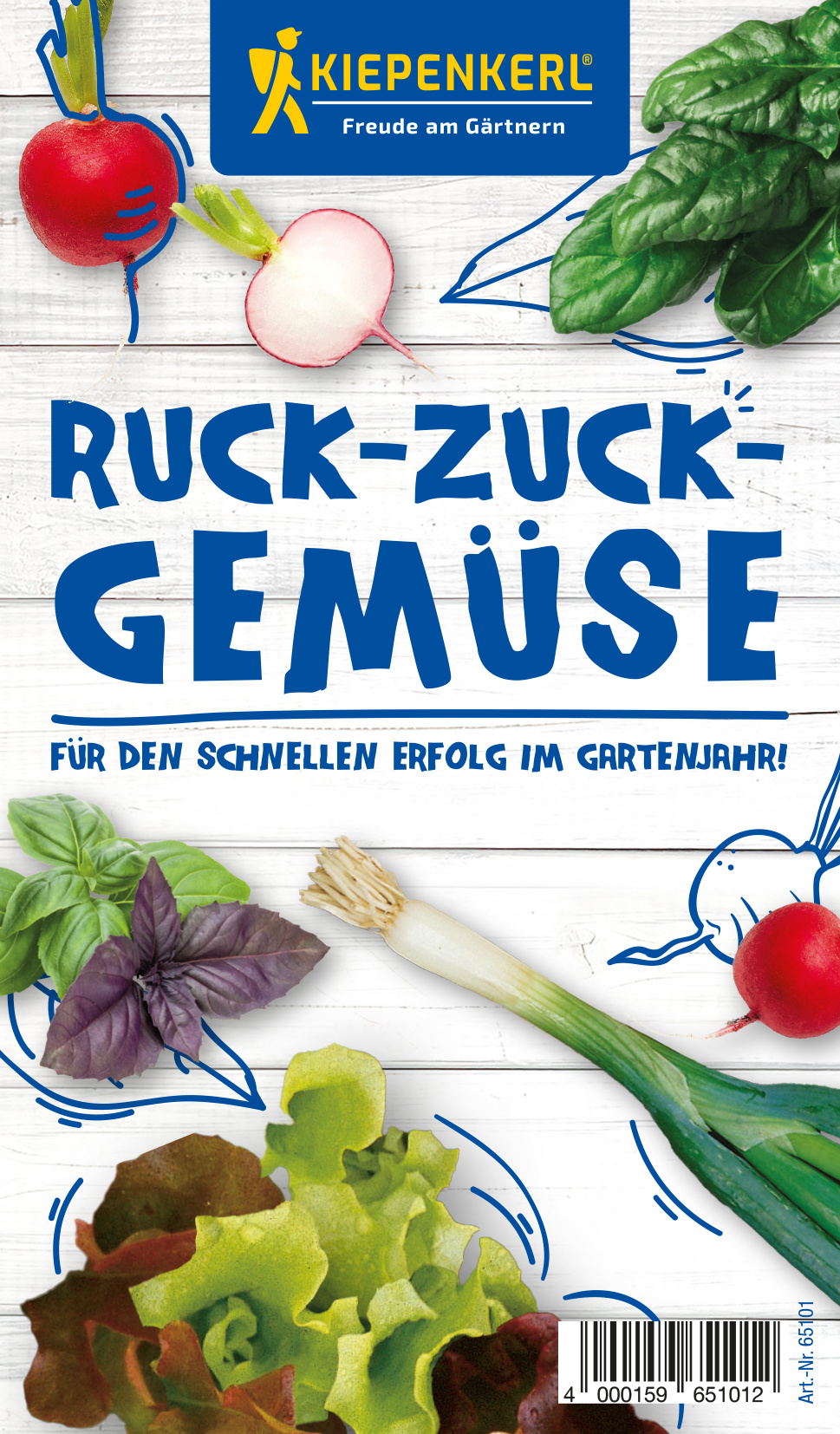 Radishes, basil, leek, lettuce, and spinach auf weißem Holzvorgrund.