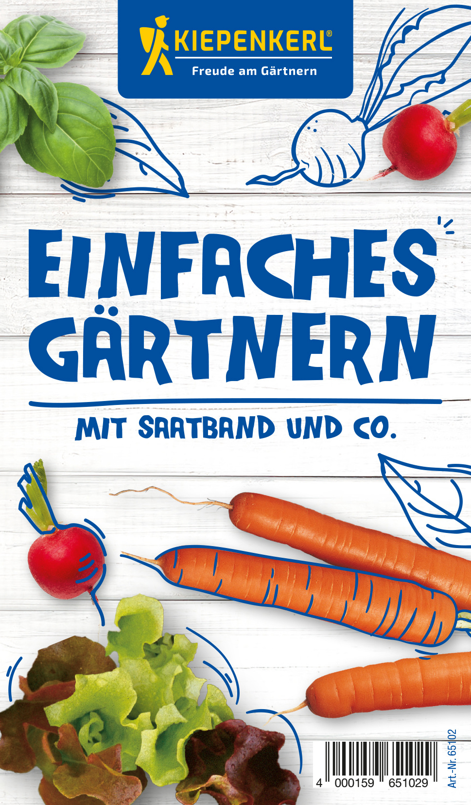 Frisches Gemüse mit Radieschen, Karotten, Salat und Kräutern auf weißem Holz.