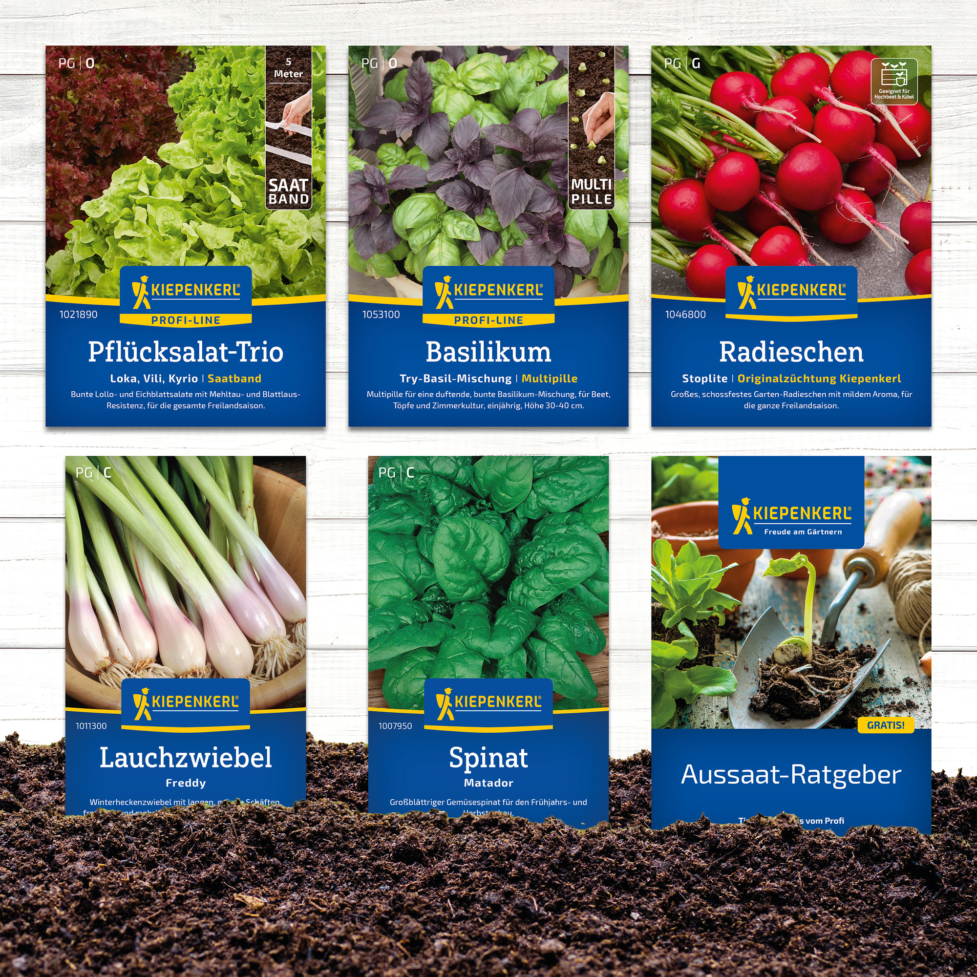 Saatband, Basilikum, Radieschen, Lauchzwiebel, Spinat, Aussaat-Ratgeber auf Erde liegend.