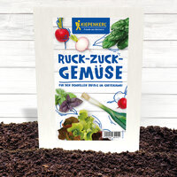 Samen-Samenkohl, Radieschen, Basilikum, Frühlingszwiebel auf Verpackung für Ruck-Zuck-Gemüse