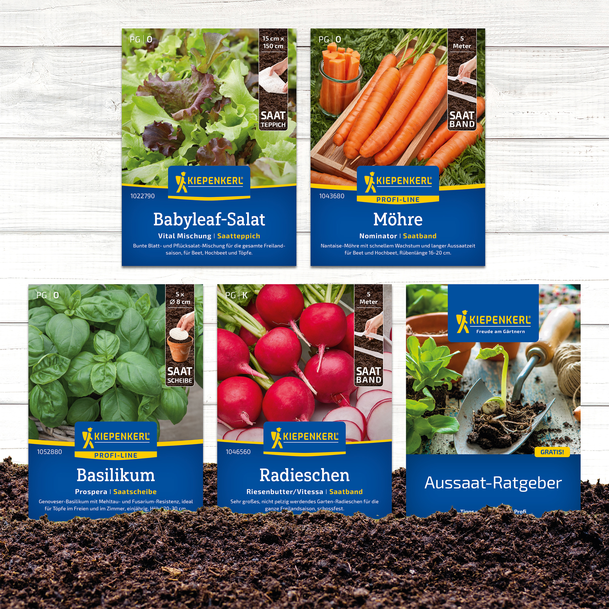 Samen gepflanzte Gemüsesamen auf Erde, darunter Salat, Möhren, Basilikum, Radieschen und ein Gartentipp.