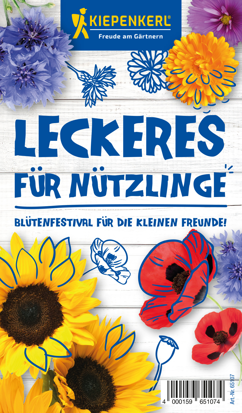 Bunte Blumen, Gartenschilder, Bienen und Schmetterlinge auf weißem Holz-Hintergrund.
