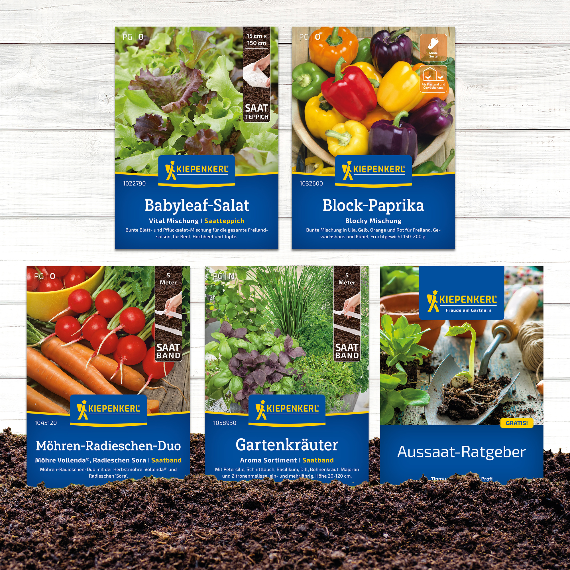 Verschiedene Samen für Salate, Paprika, Karotten, Gartenkräuter und einen Gartentipps-Ratgeber auf Erde liegend.