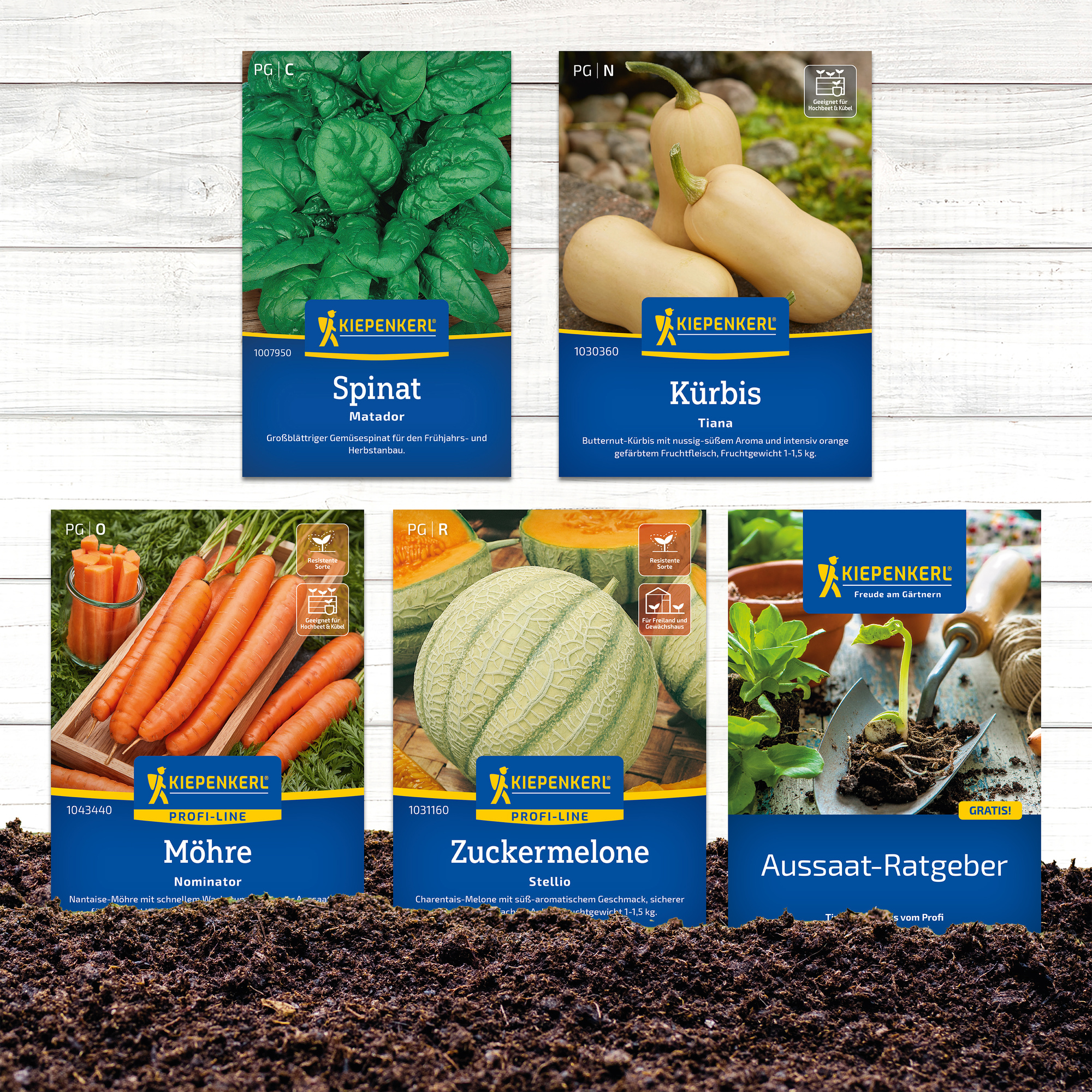 Samenkörbisse, Spinat, Möhren, Zuckermelone und Aussaat-Ratgeber auf Erde liegend, im Hintergrund Holzwand.