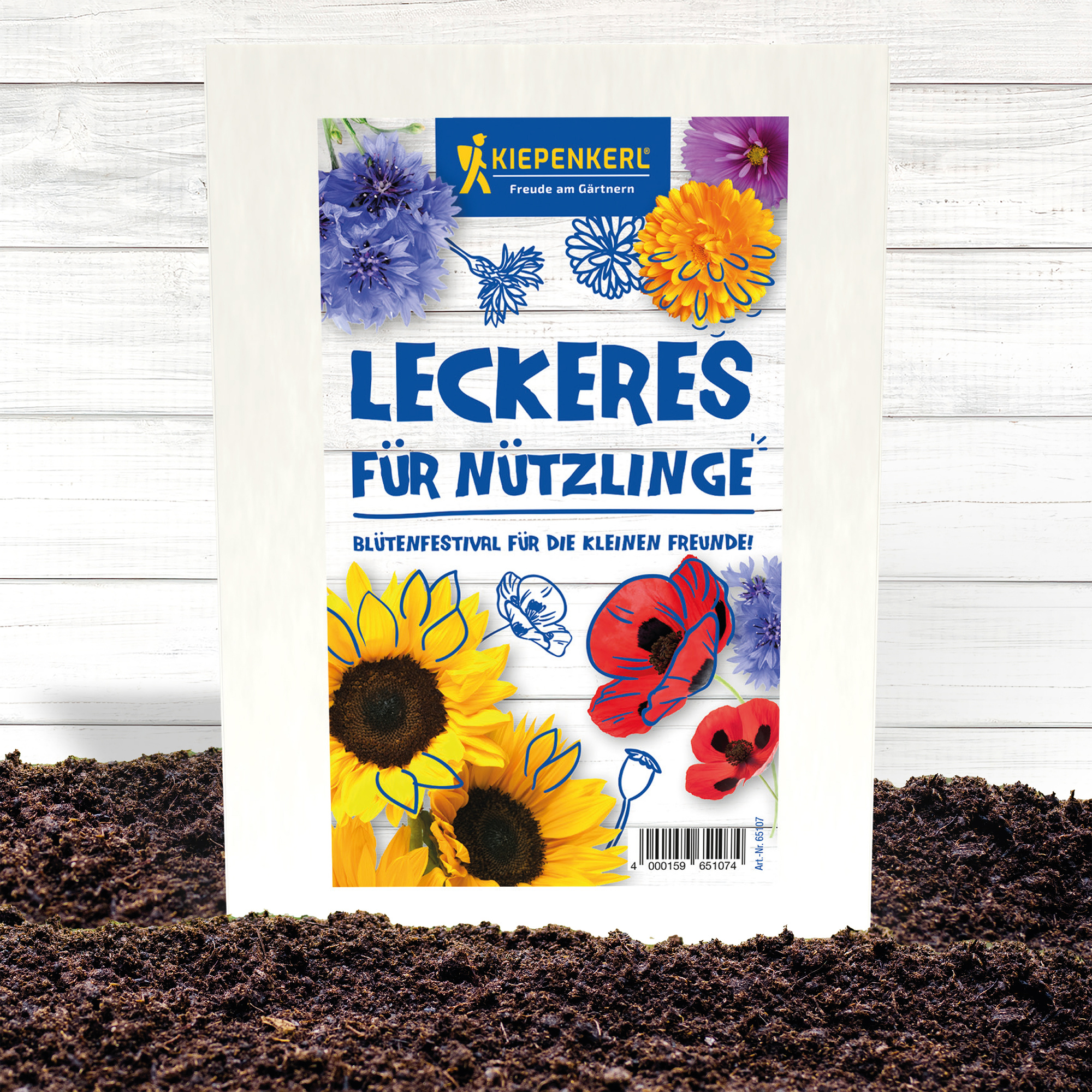 Paket mit Saatgut für Blumen und Nutzpflanzen, Sonnenblumen, Mohn, Kornblumen, auf Erde stehend vor weißem Holz.
