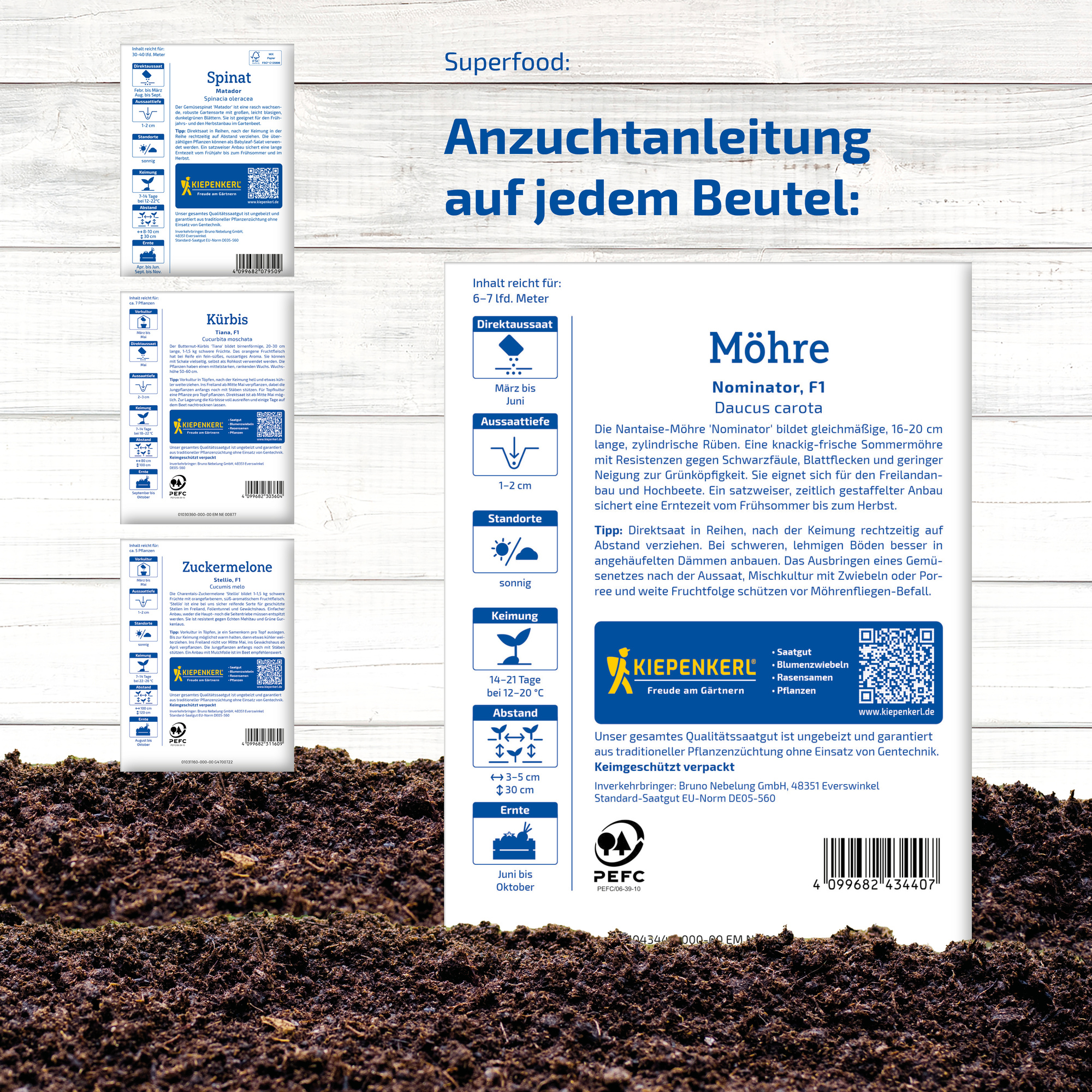 Anleitung für verschiedene Gemüsesorten auf Saatgutpackung mit Text, Symbolen und QR-Code, Hintergrund Holzstruktur.