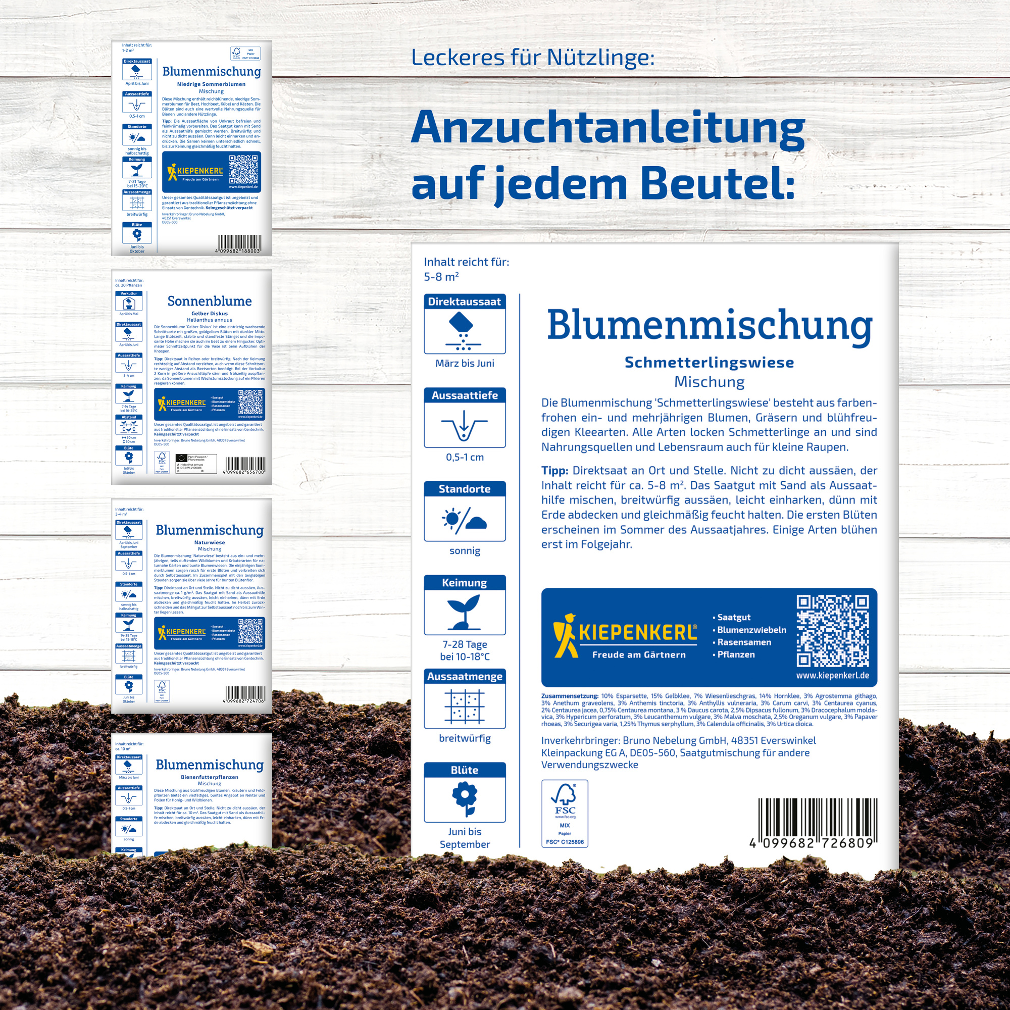 Anleitung für Blumensamenmischung in einer weißen Verpackung mit blauen Texten, auf Erde liegend.