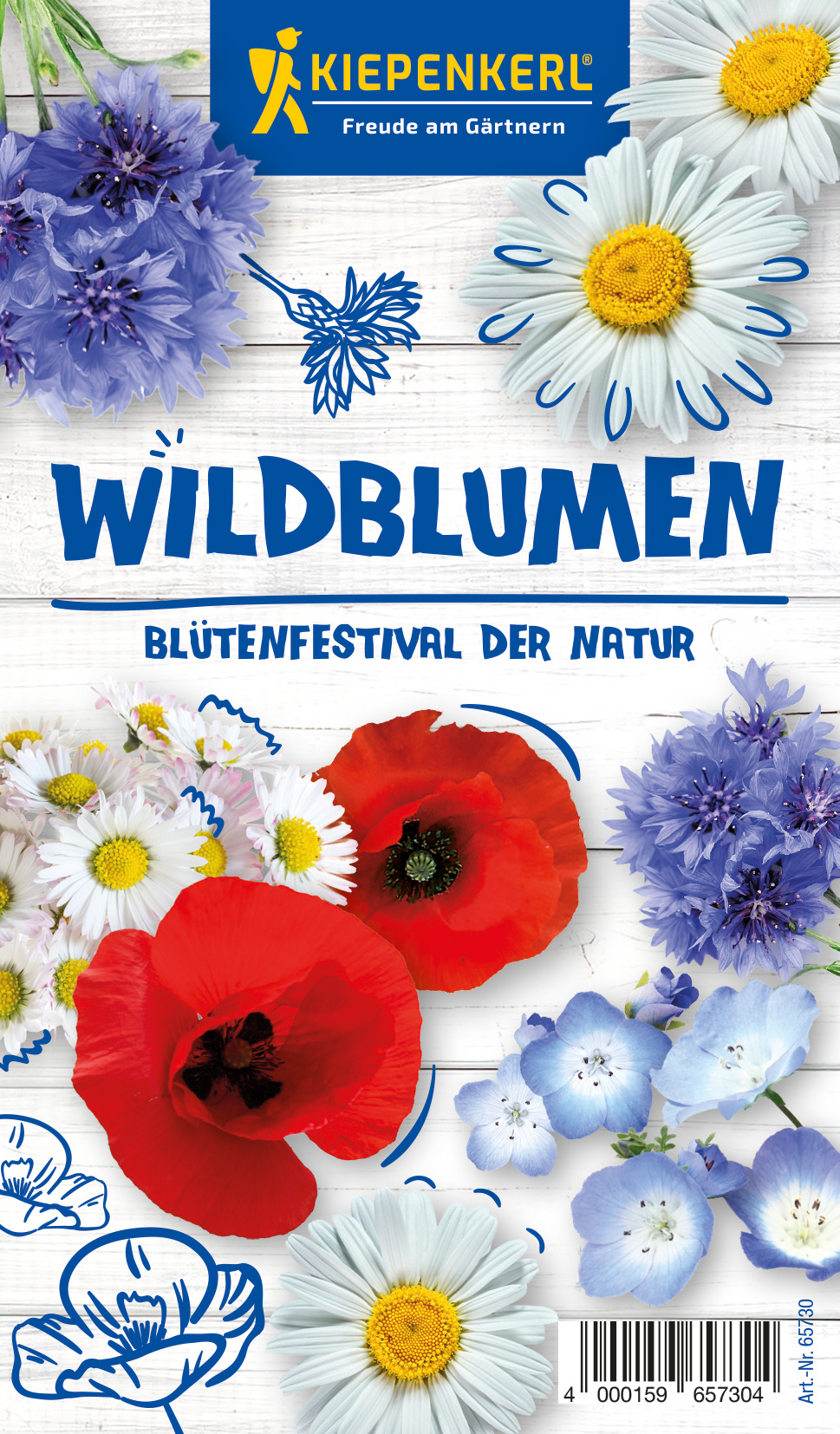 Bunte Wildblumen mit weißen, blauen, violetten, roten und gelben Blüten auf weißem Holzuntergrund