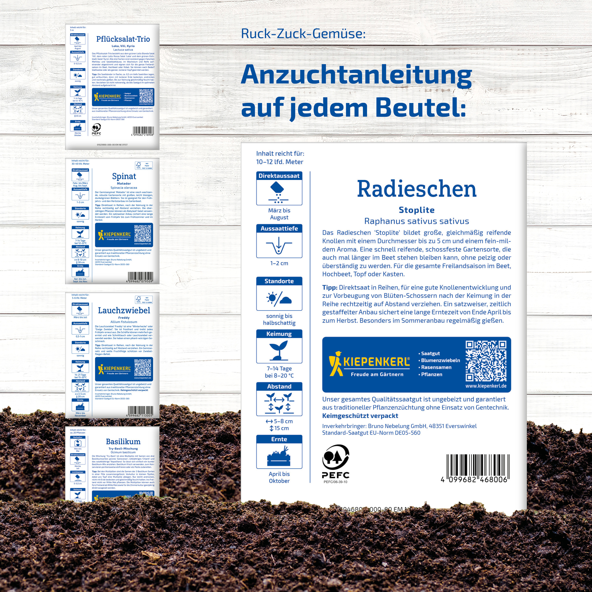 Informationsblatt mit Anleitungen für Radieschen auf weißem Holz und Erde im Vordergrund.