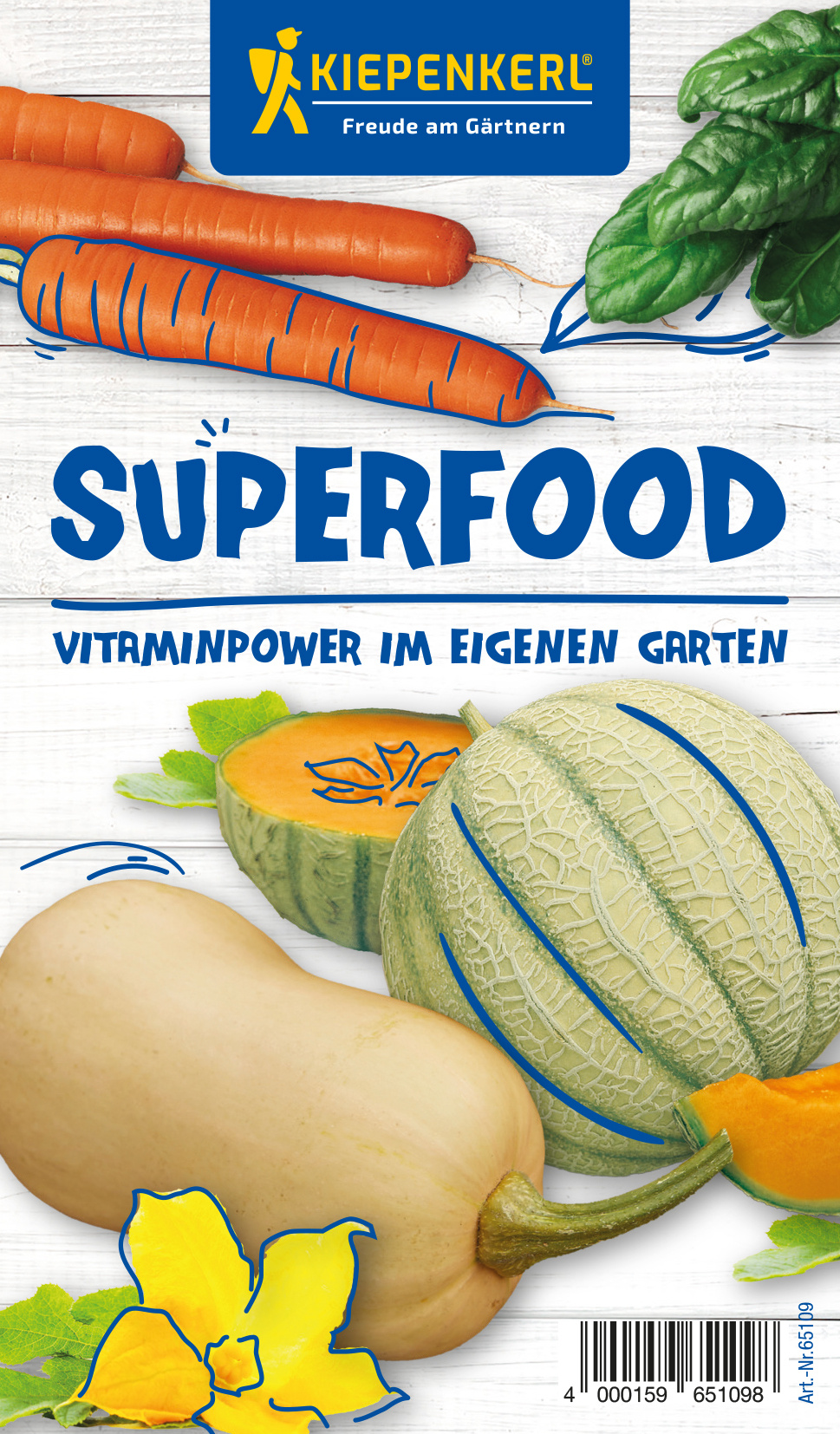 Verschiedene Gartenfrüchte und Gemüse, darunter Honigmelone, Butternut-Kürbis, Karotte und Spinat.