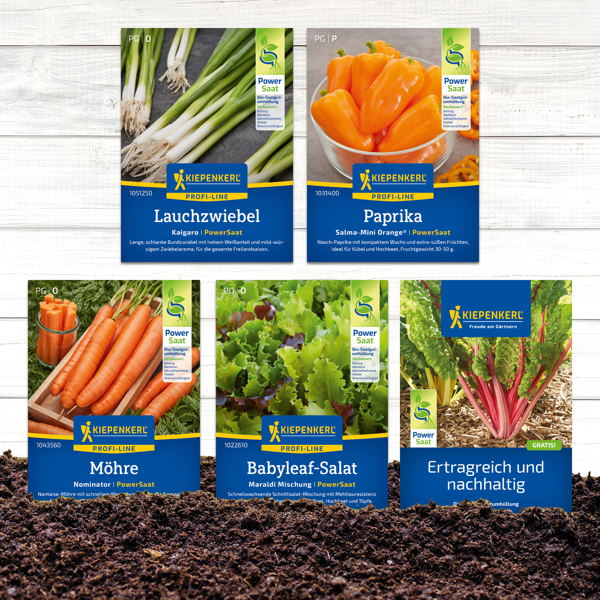 Saatgutverpackungen für Lauchzwiebel, Paprika, Möhren, Babyleaf-Salat und Ertragreich und nachhaltig.