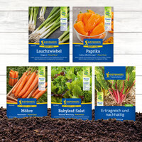 Saatgutverpackungen für Lauchzwiebel, Paprika, Möhren, Babyleaf-Salat und Ertragreich und nachhaltig.
