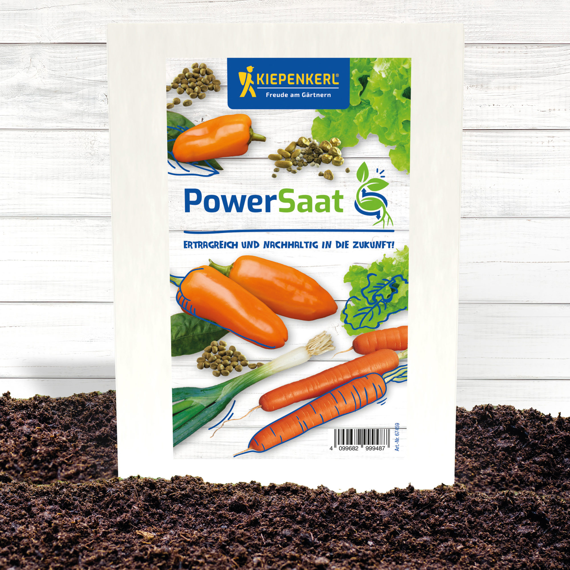 Saatkartoffelsamen mit Karotten, Salat und Erbsen auf Erde.