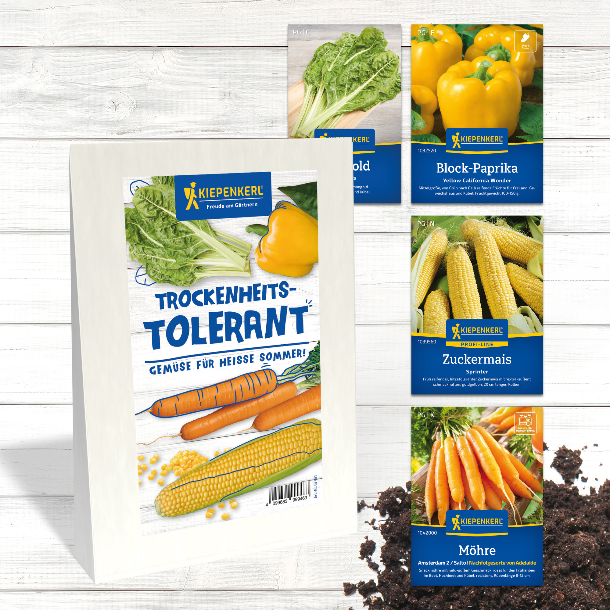 Verschiedene Gemüsesamenpackungen und frische Karotten, Mais, Paprika, Salat, Zuckermais auf weißem Holz.