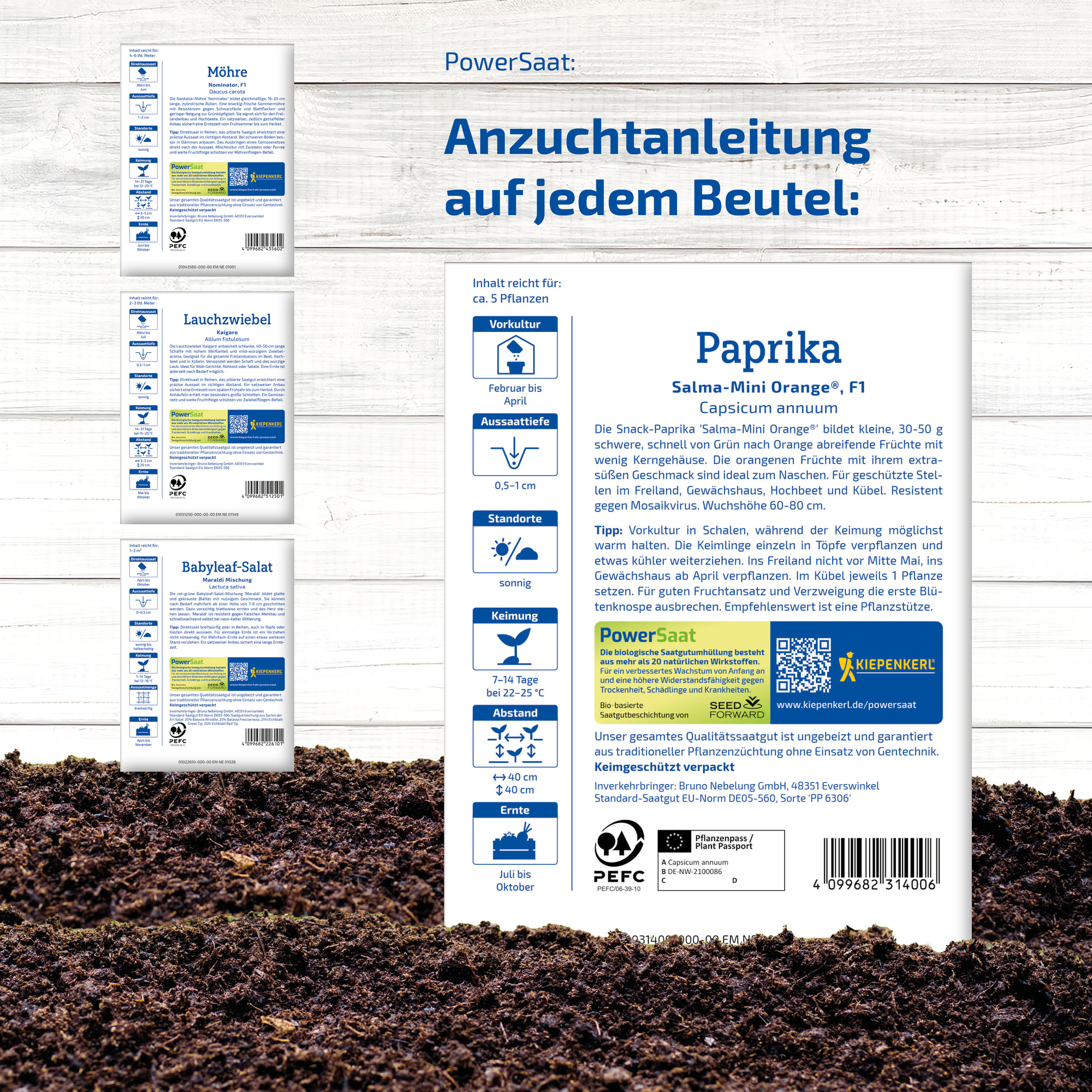 Anleitung für Saatgutbeutel mit Tipps, Pflanzinformationen, QR-Code und Bio-Label auf weißem Holzuntergrund.