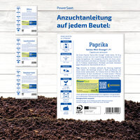 Anleitung für Saatgutbeutel mit Tipps, Pflanzinformationen, QR-Code und Bio-Label auf weißem Holzuntergrund.
