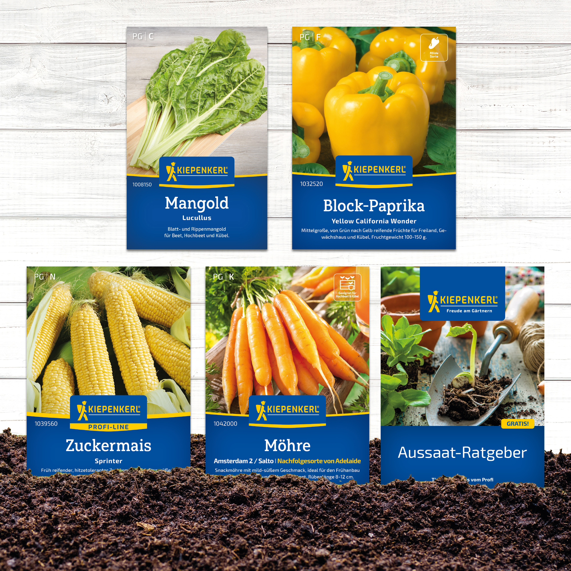 Samenτερα Setzlinge und Samenkarten für Mangold, Paprika, Mais, Möhren und einen Gartentippsknopf.