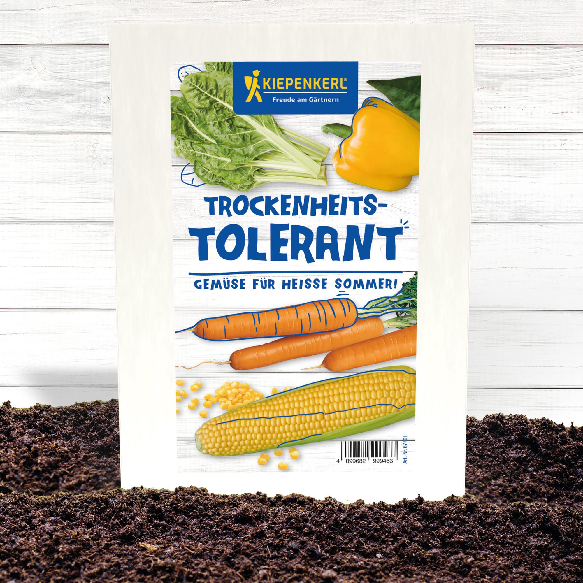 Samentüte für trockenheitsresistente Gemüsesorten mit Karotten, Paprika, Mais und Blattsalat.