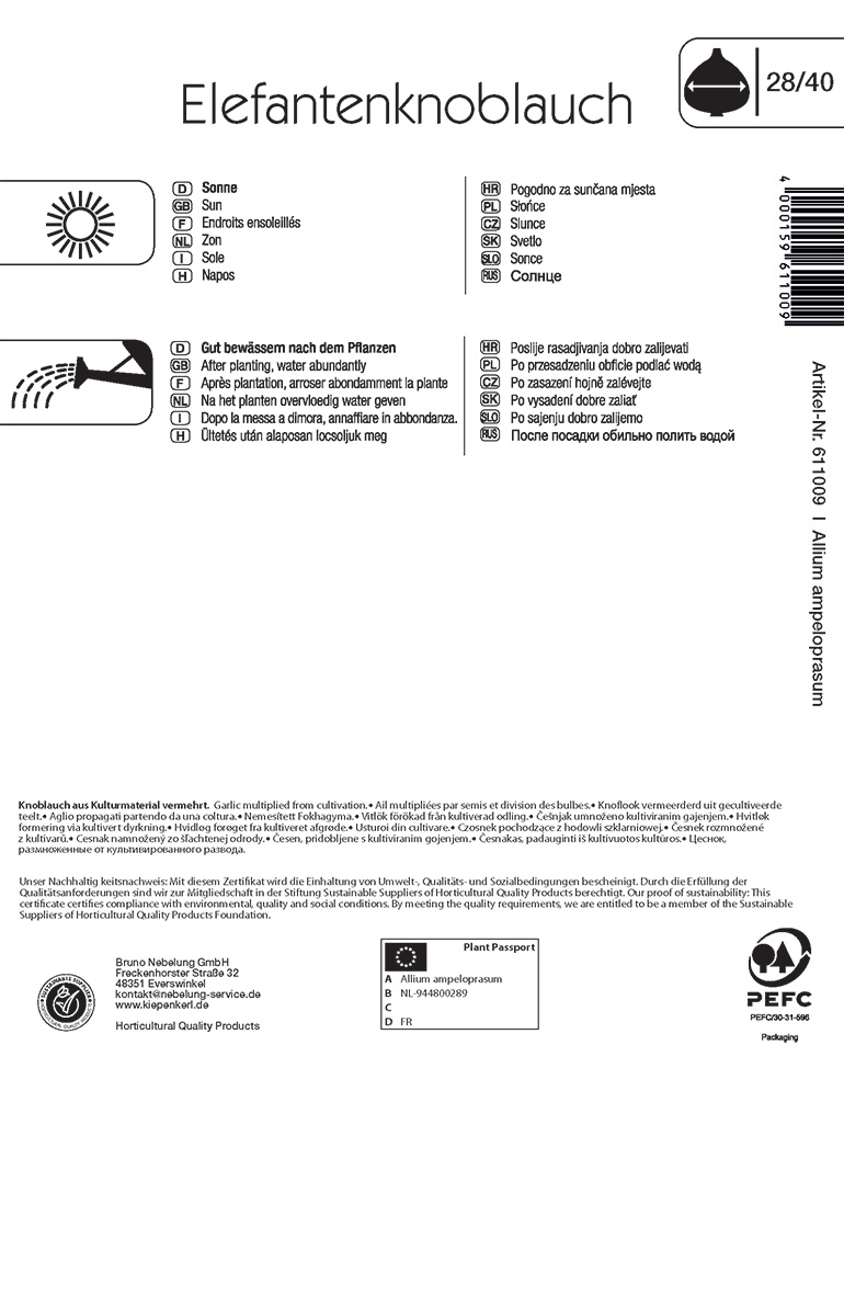 Etikettenrückseite mit Anleitungen, Pflanzdaten, Firmenadresse, Zertifikaten und Barcode.