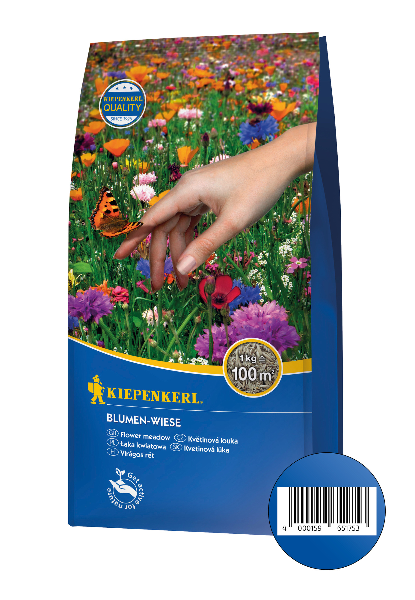 Hand hält eine Biene vor bunten Blumenwiese mit einem Schmetterling.