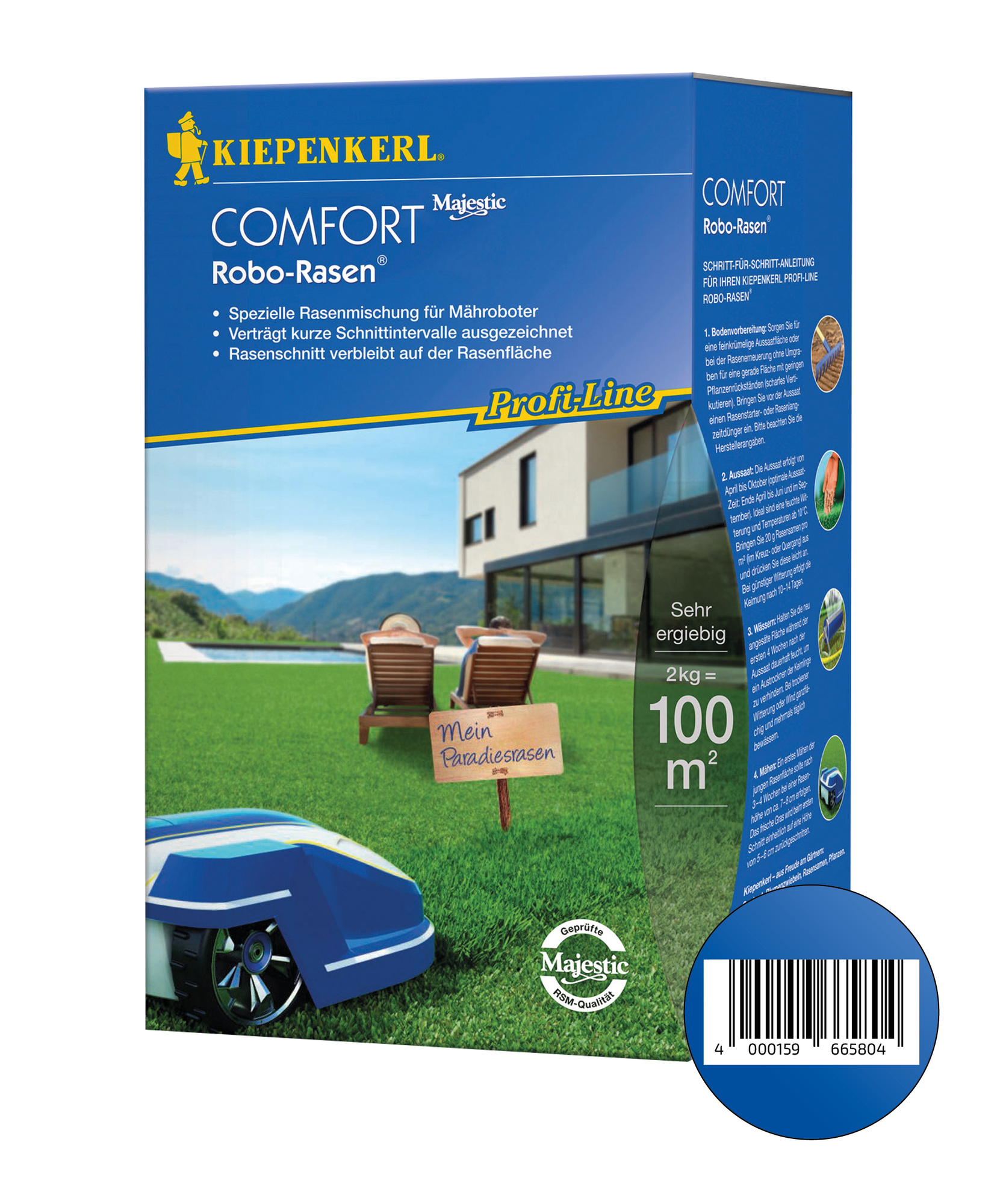 Verpackung mit Haus, Rasen, Liegestühlen, Auto, Schild "Mein Paradiesrasen", blaue Box mit Text und Barcode.