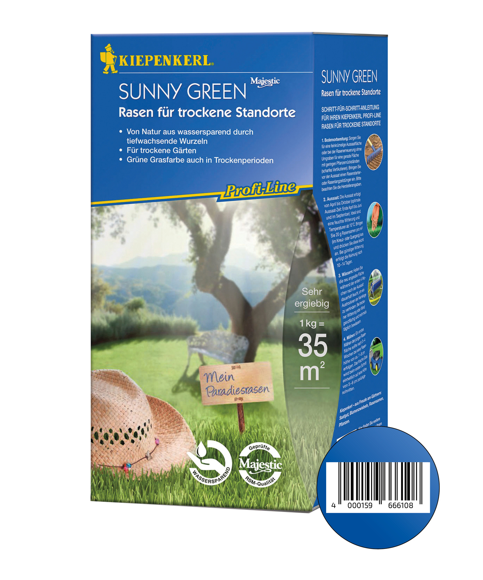 Blaue Verpackung mit einem Baum, Sonnenhut, Grashalmen, einem kleinen Schild und Textinformationen.