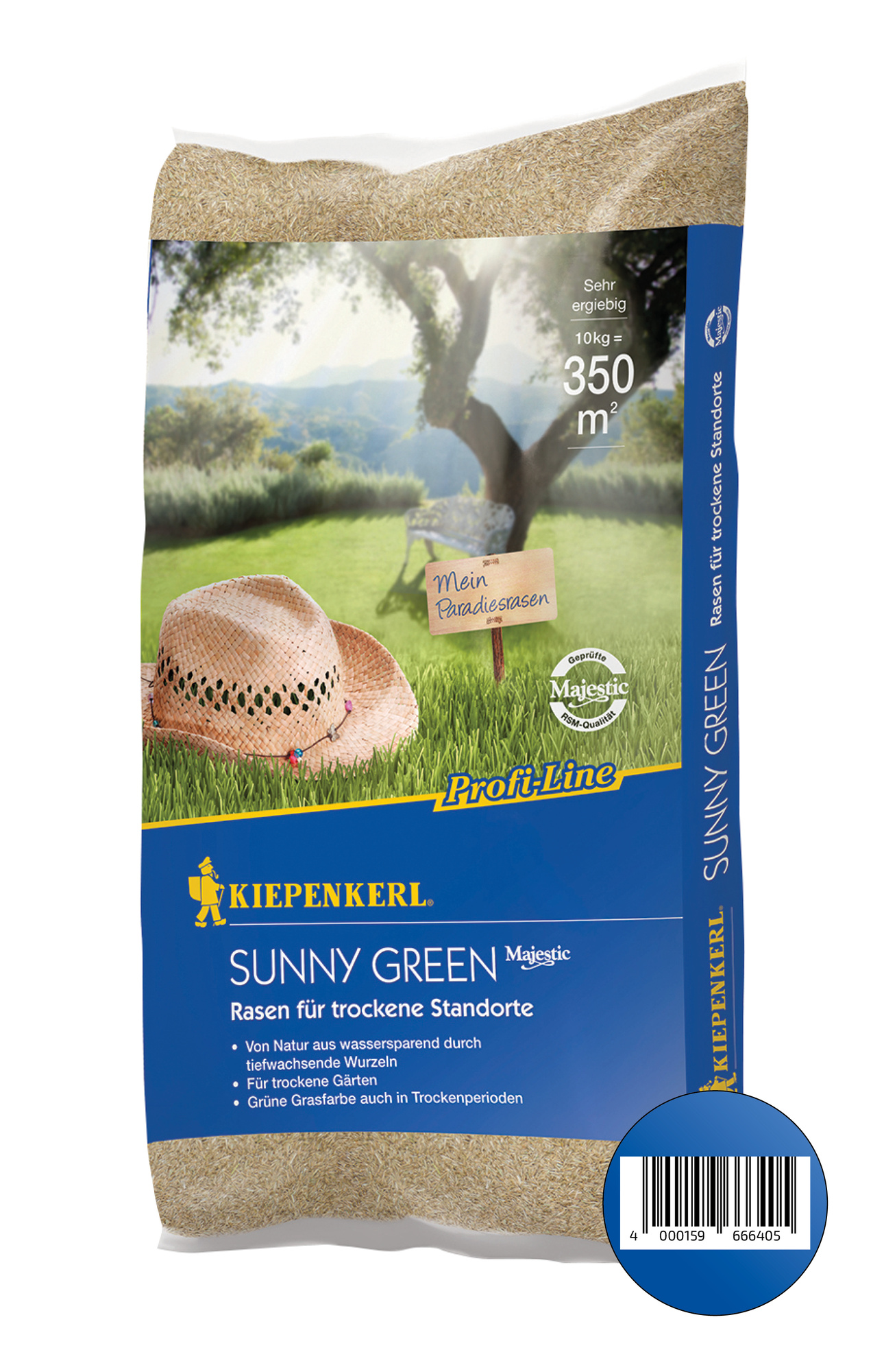 Grasfläche mit Baum, Hut und kleiner Holz-Schilder mit Text, blaue Verpackung, Produktname Kiepenkerl Sunny Green.