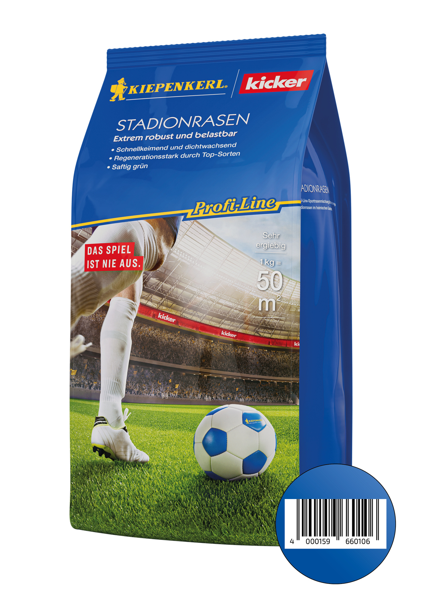 Paket mit Fußballrasen im Stadion, Spieler mit Bein und Fußball, Stadion im Hintergrund, Barcode vorne.