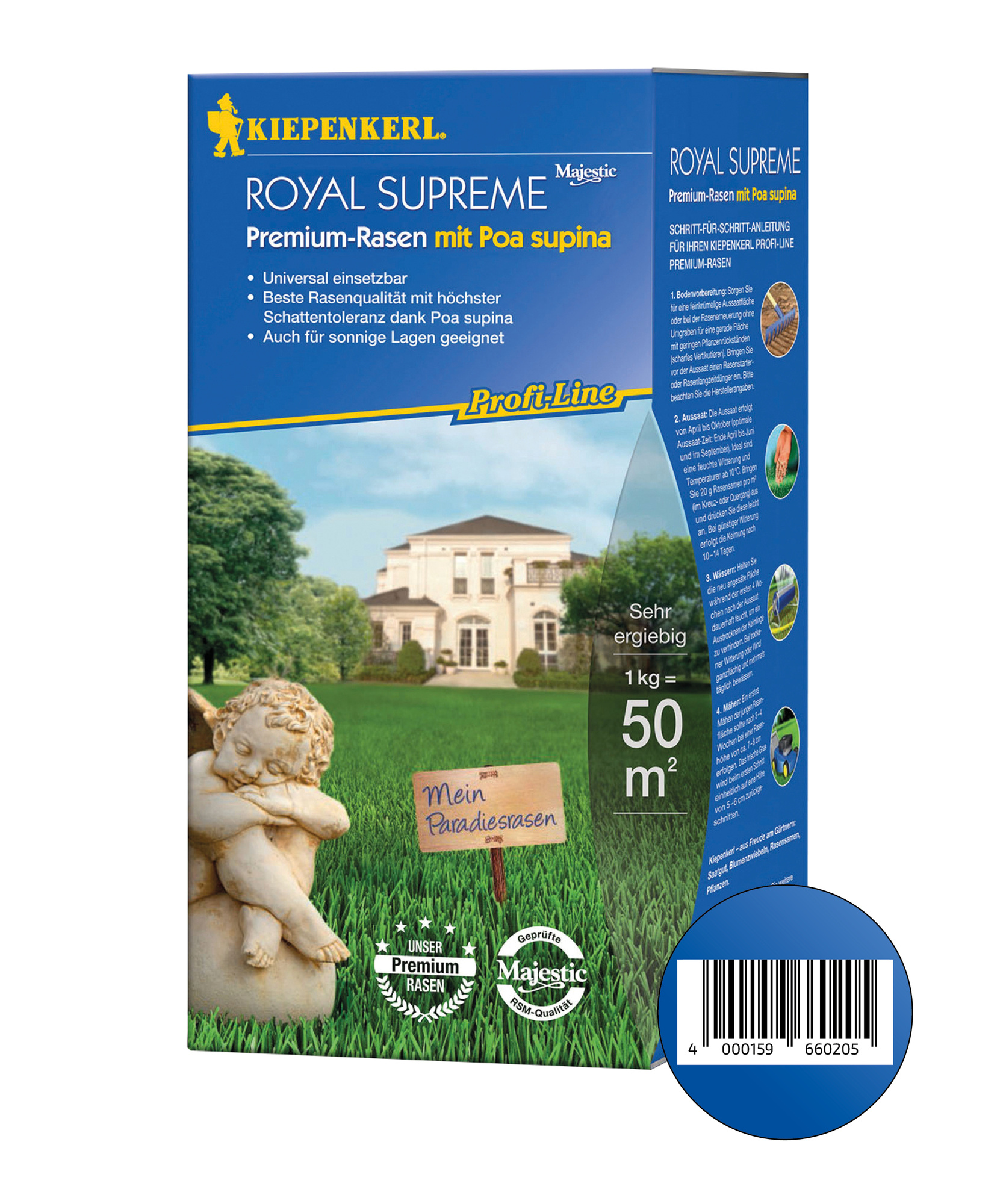 Blaues Pappkarton mit Haus, Grüntanen, Engelstatue und Schild mit Aufschrift Mein Paradiesrasen.