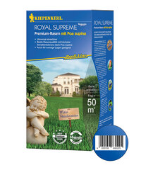 Blaues Pappkarton mit Haus, Grüntanen, Engelstatue und Schild mit Aufschrift Mein Paradiesrasen.