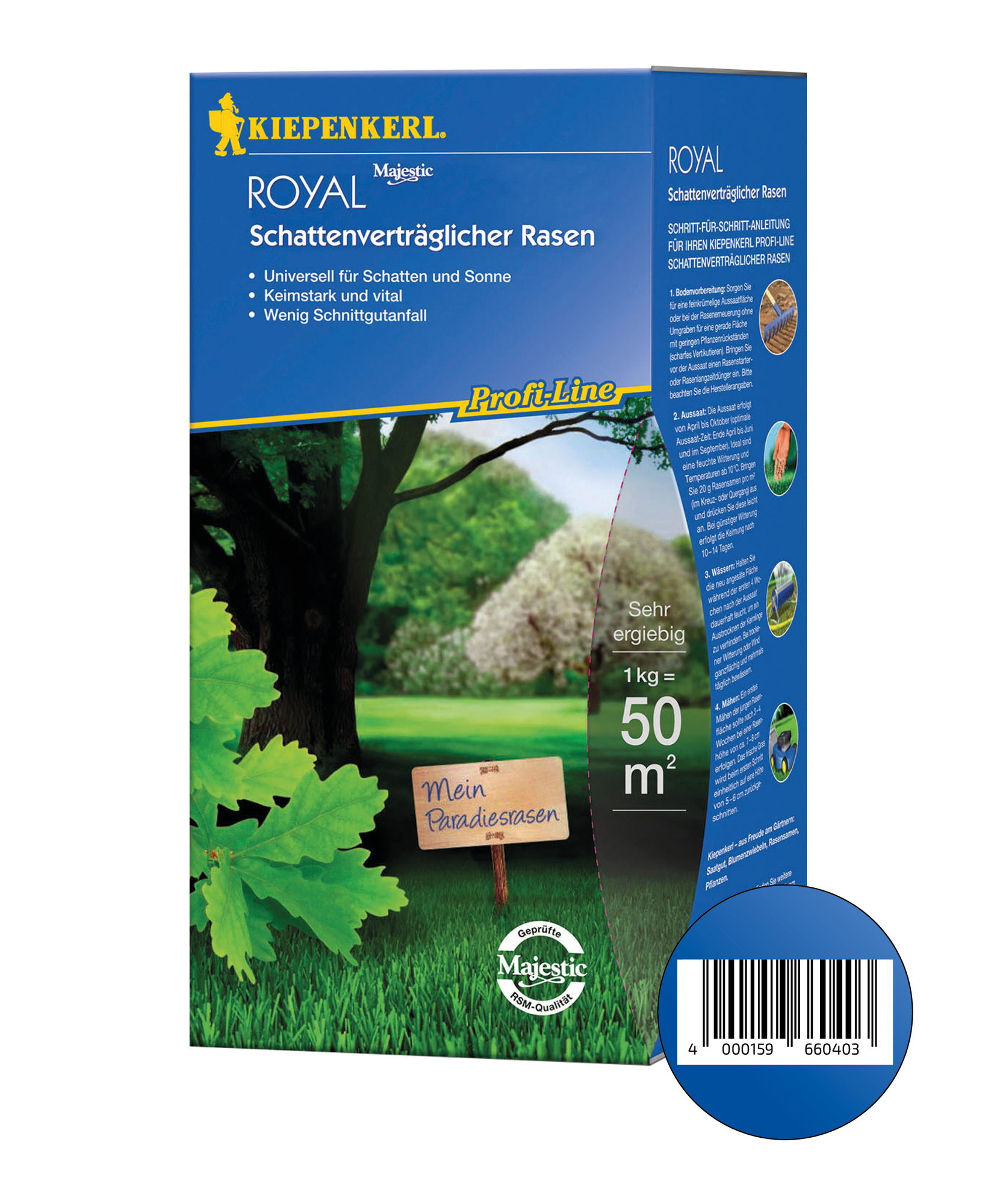 Blauer Karton mit grünem Baum, Gras und einem Schild mit der Aufschrift "Mein Paradiesrasen".