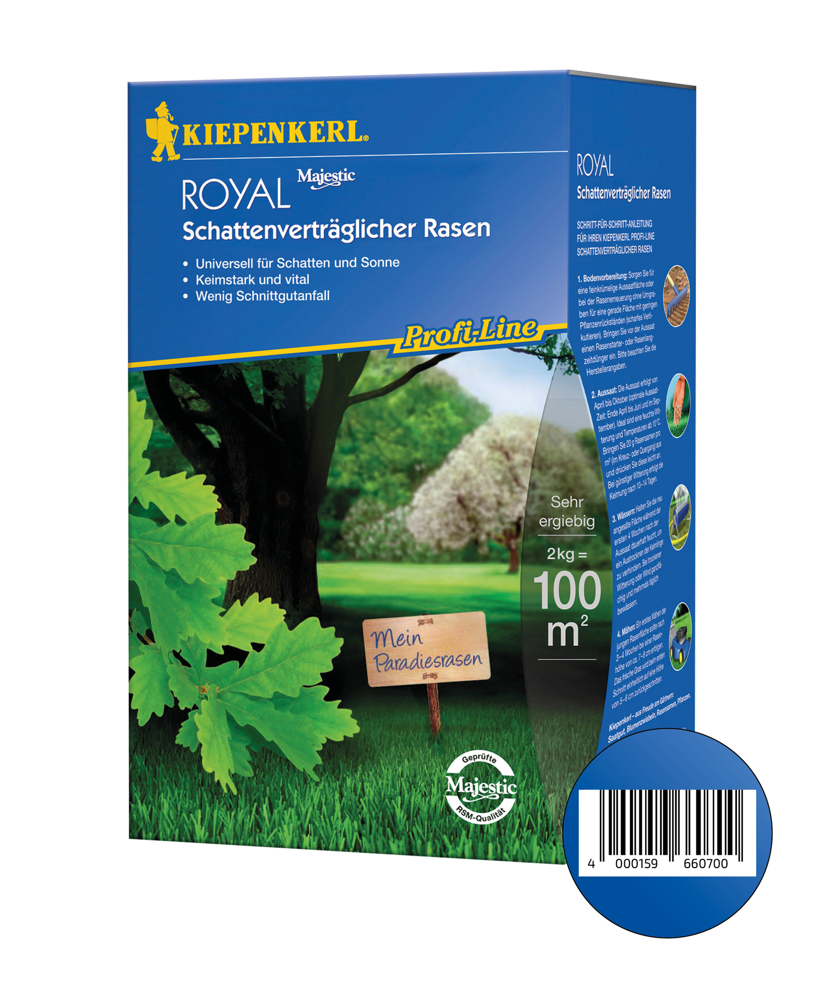 Blaue Verpackung mit Baum, grünem Gras, Sonnenlicht, Schriftzug Kiepenkerl Royal und einem kleinen Holzschild.